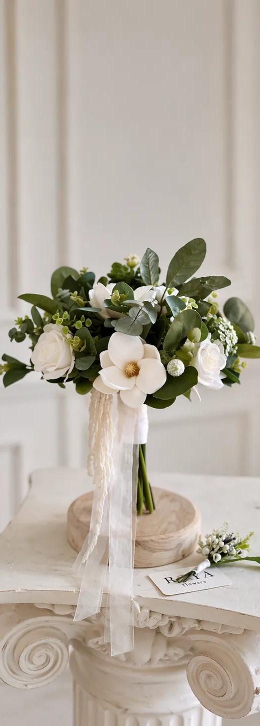 Doğal Gelin Buketi | Yeşil Beyaz Minimal Tasarım