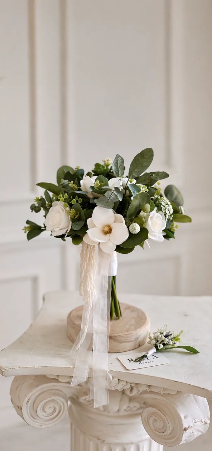 Doğal Gelin Buketi | Yeşil Beyaz Minimal Tasarım